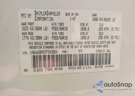 2007 Chrysler Aspen Limited from USA, damaged, VIN 1A8HW58P67F543854